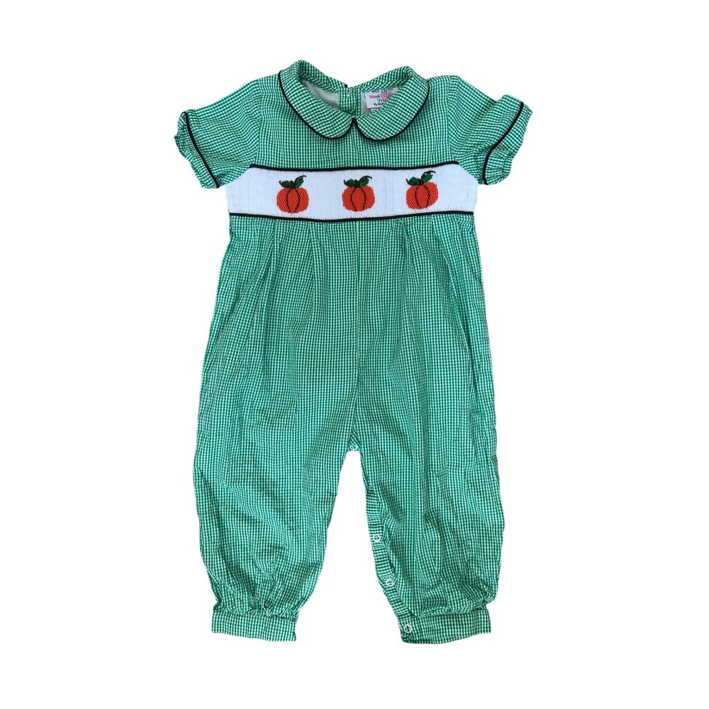 The Little Tribe Green Gingham Romper Kids 24M Smocked Pumpkin Fall Thanksgiving